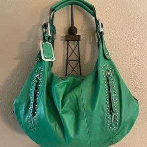 B. Makowsky Green Gorgeous Leather Leppard Print Silver Metal Studs Hobo Bag
